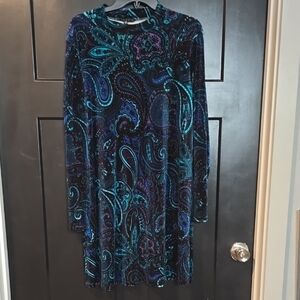 Tiana B. Blue and Purple Paisley Long Sleeve Dress, velvet knit, sz 12